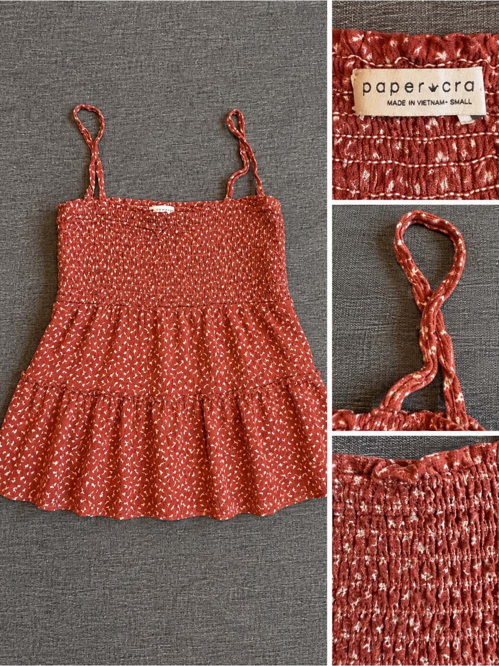 Paper Crane Rust Red Smocked Tiered Cami Tank with Braided Straps
